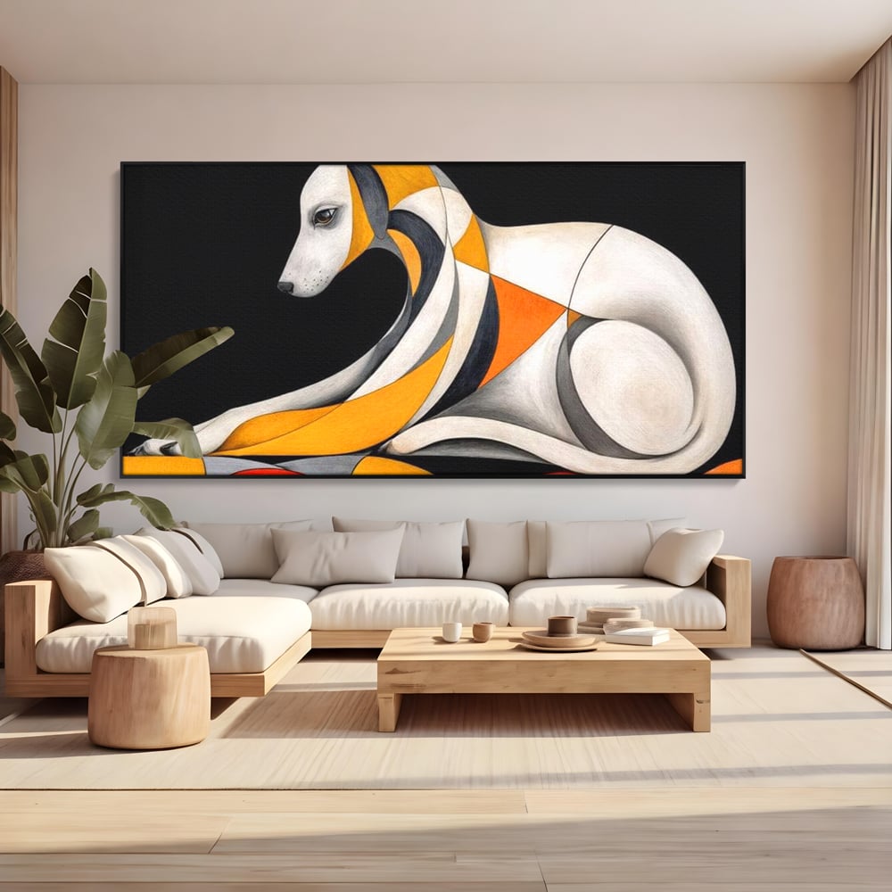 Tablou canvas cu tablou canvas cu caine stilizat in forme geometrice, in rama de aluminiu negru, pe perete intr-un living